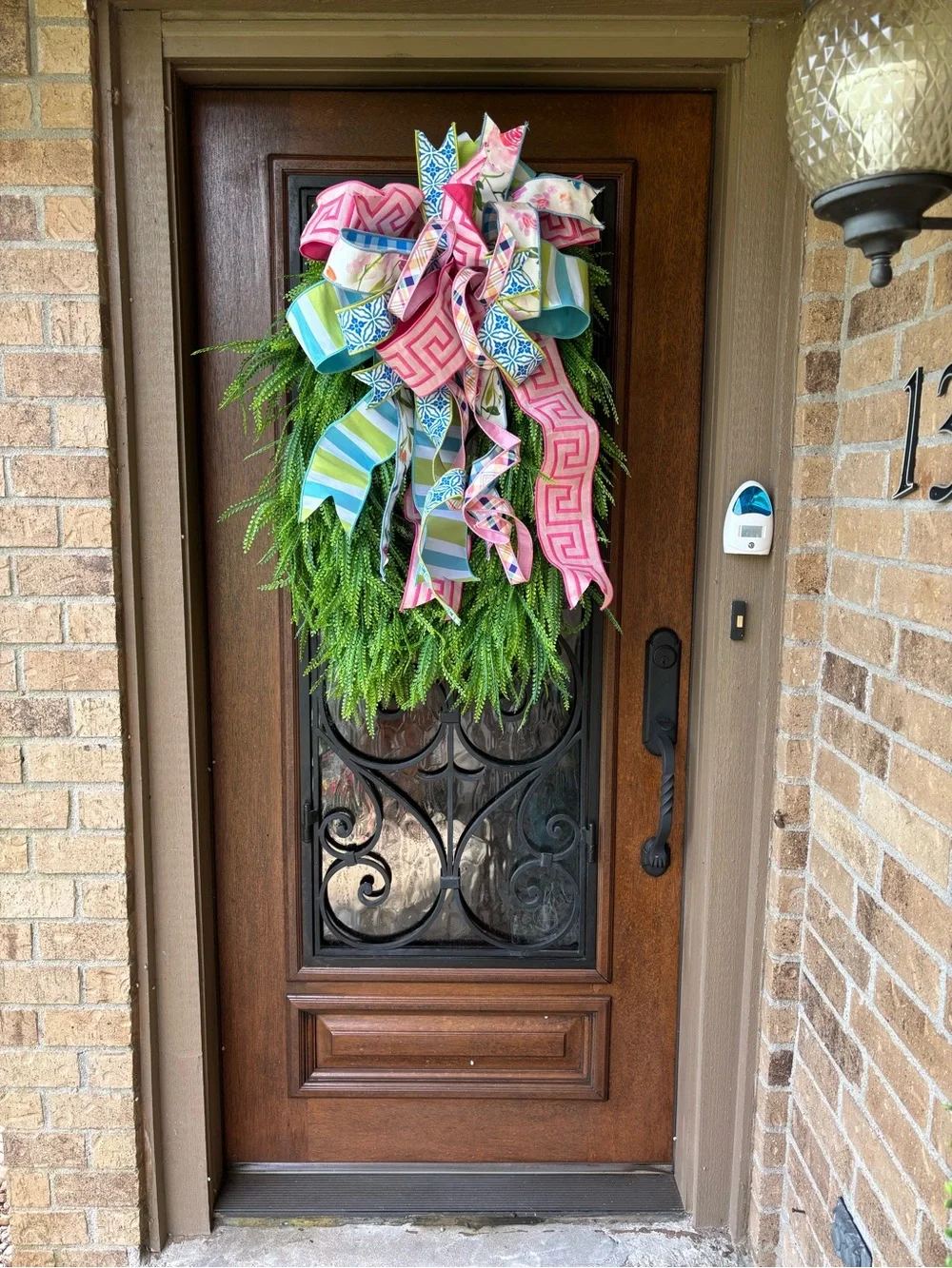 Spring Greenery Door Swag with Pink & Blue Ribbon